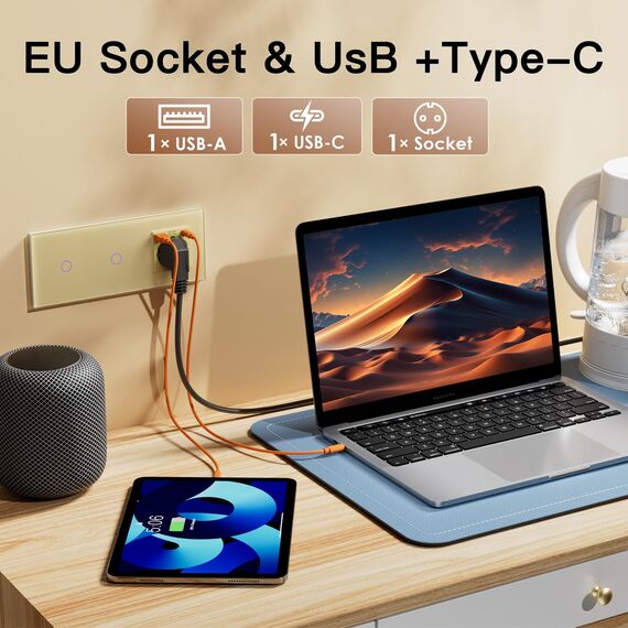 BSEED Touch Lichtschalter mit Schuko Steckdose mit LED Anzeiger doppelte 1 Fach 2 Wege Glas Lichtschalter mit einer USB Steckdose Anschluss (Max. 2.1A) Typ C Portn Golden 228mm