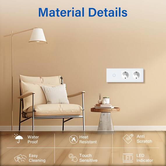 BSEED Touch Lichtschalter mit Steckdosen 1 Fach 1 Weg Wandschalter mit doppelten Steckdosen Unterputz Touchscreen-schalter mit Glasrahmen 228mm Weiß