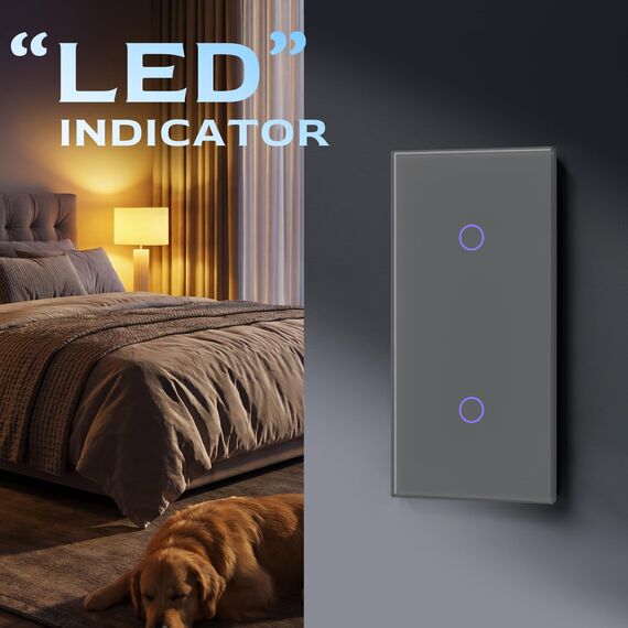 BSEED Touch Lichtschalter 1 Fach 1 Weg mit 1 Fach 2 Wege Glas Lichtschalter Grau Led Touch Schalter Touchscreen Funktioniert mit LED Lampe 157mm EU Standard