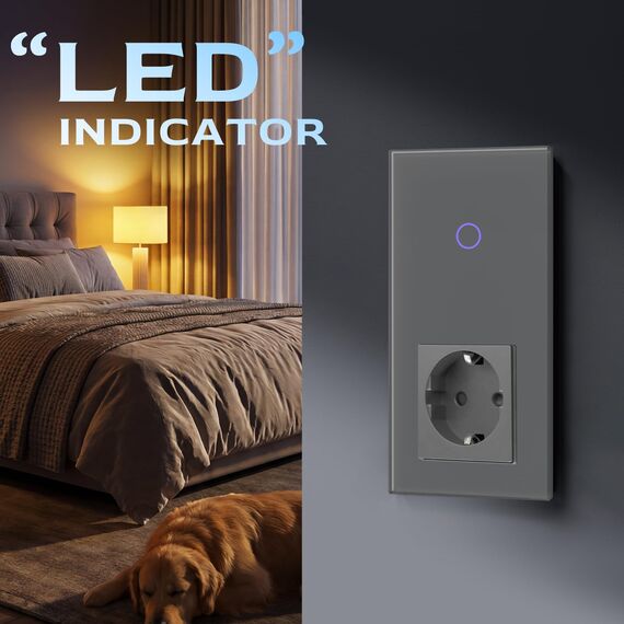 BSEED Touch Lichtschalter mit Steckdose 1 Fach 1 Weg Wandschalter mit LED Anzeige Unterputz Touchscreen-schalter mit Glasrahmen 157mm Grau 500W(Nicht Smart Schalter)