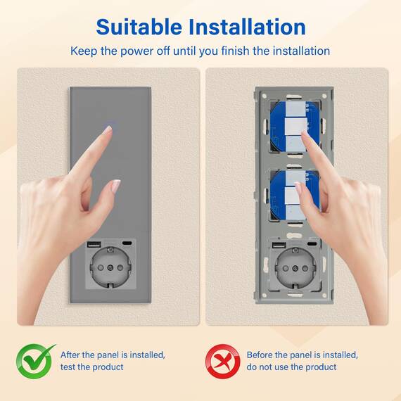 BSEED Touch Lichtschalter mit Steckdosen doppelte 1 Fach 1 Weg Wandschalter mit einer USB Steckdose Anschluss (Max. 2.1A) Typ C Port Unterputz Touchscreen-schalter mit Glasrahmen 228mm Grau