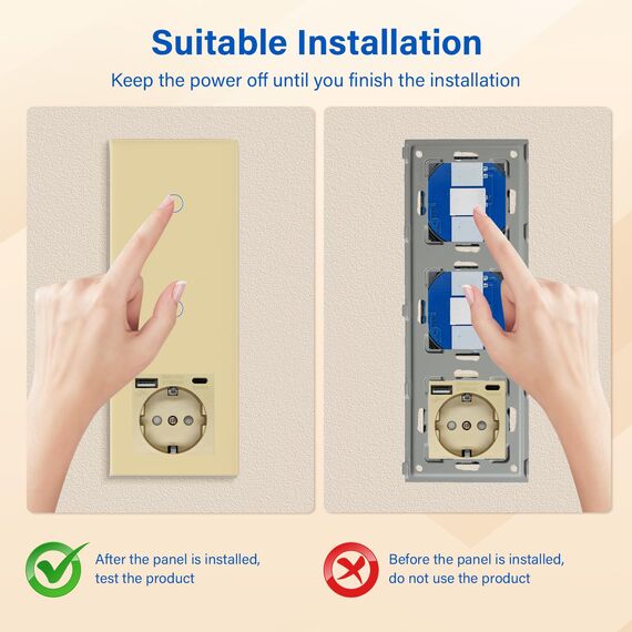 BSEED Touch Lichtschalter mit Schuko Steckdose mit LED Anzeiger doppelte 1 Fach 2 Wege Glas Lichtschalter mit einer USB Steckdose Anschluss (Max. 2.1A) Typ C Portn Golden 228mm