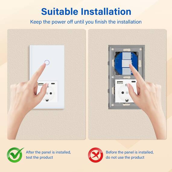BSEED Touch Lichtschalter mit USB Steckdose Anschluss (Max. 2.1A) Typ C Port 1 Fach 1 Weg Wandschalter mit USB Steckdose Unterputz Lichtschalter mit Glasrahmen Weiß (Nicht Smart Schalter)