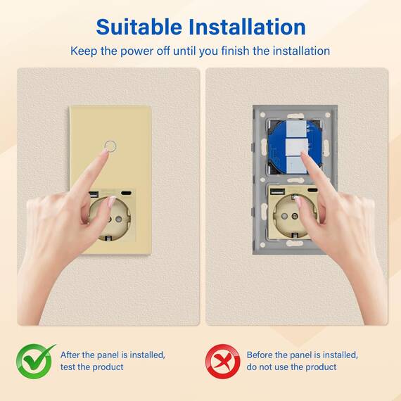 BSEED Touch Lichtschalter mit USB Steckdose Anschluss (Max. 2.1A) Typ C Port 1 Fach 1 Weg Wandschalter mit USB Steckdose Unterputz Lichtschalter mit Glasrahmen Golden (Nicht Smart Schalter)