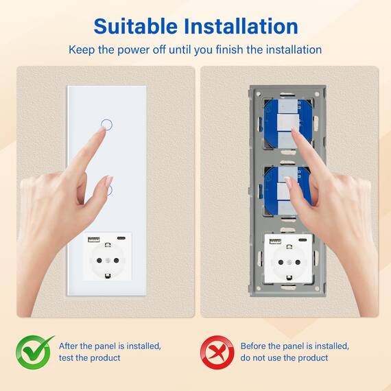 BSEED Touch Lichtschalter mit Steckdosen doppelte 1 Fach 1 Weg Wandschalter mit einer USB Steckdose Anschluss (Max. 2.1A) Typ C Port Unterputz Touchscreen-schalter mit Glasrahmen 228mm Weiß