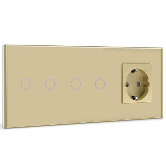 BSEED Touch Lichtschalter mit Steckdosen doppelte 2 Fach 1 Weg Wandschalter mit einer Steckdose Unterputz Touchscreen-schalter mit Glasrahmen 228mm Golden