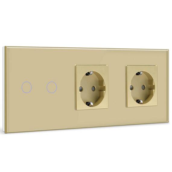 BSEED Touch Lichtschalter mit Steckdosen mit LED Anzeige,2 Fach 1 Weg Wandschalter mit doppelten Steckdosen Unterputz Touchscreen-schalter mit Glasrahmen 228mm Golden