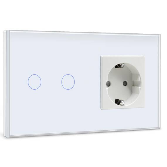 BSEED Touch Lichtschalter mit Steckdose mit LED Anzeige,2 Fach 1 Weg Wandschalter mit Steckdosen,Unterputz Touchscreen-schalter mit Glasrahmen Weiß（Max. Last: 3-500 W)(Nicht Smart Schalter)