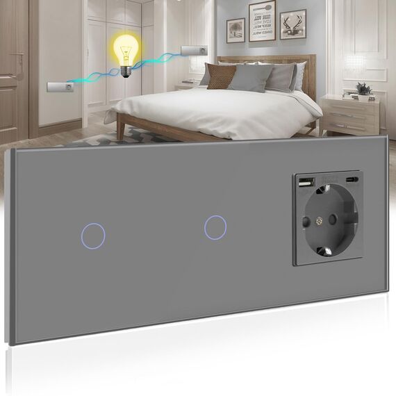 BSEED Touch Lichtschalter mit Schuko Steckdose mit LED Anzeiger doppelte 1 Fach 2 Wege Glas Lichtschalter mit einer USB Steckdose Anschluss (Max. 2.1A) Typ C Portn Grau 228mm