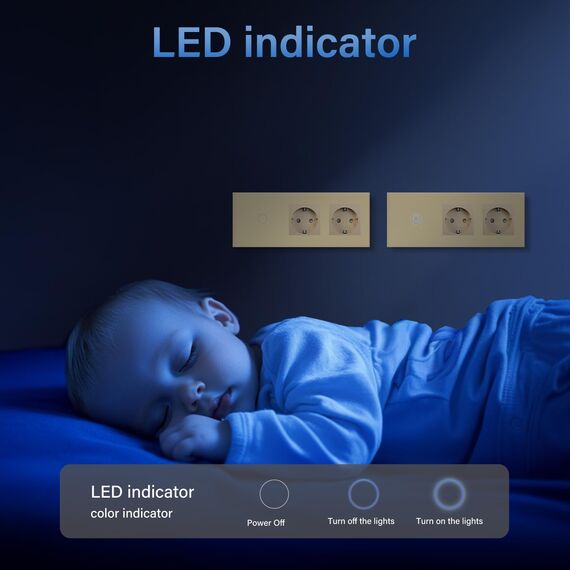 BSEED Touch Lichtschalter mit Schuko Steckdose mit LED Anzeiger 1 Fach 2 Wege Glas Lichtschalter mit Doppelt Wandsteckdosen Golden 228mm