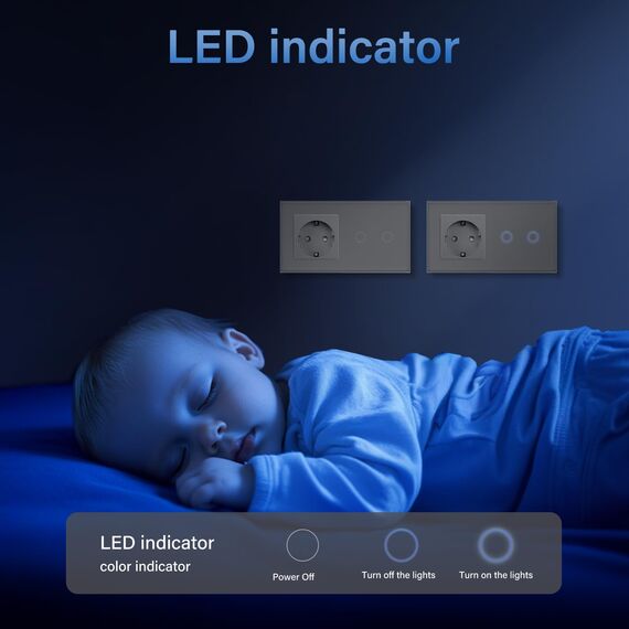 BSEED Steckdose mit Lichtschalter,Glas Touch Lichtschalter Unterputz Schalter,Schuko Steckdose mit 2 Fach 1 Wege Wandschalter Grau(Nicht Smart Schalter)
