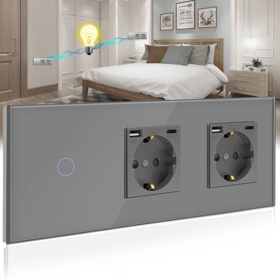 BSEED Touch Lichtschalter mit USB Steckdose Anschluss (Max. 2.1A) Typ C Port 1 Fach 2 Wege Wandschalter mit doppelten Steckdosen Unterputz Touchscreen-schalter mit Glasrahmen 228mm Grau