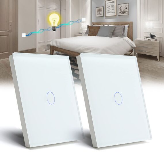 BSEED Lichtschalter 1 Fach 2 Weg Wandschalter gehärtetes Glas Touchscreen-schalter 86mm Unterputzschalter Weiß - 2 pack(Nicht Smart Schalter)