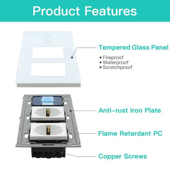 BSEED Touch Lichtschalter mit Steckdosen 2 Fach 1 Weg Wandschalter mit doppelten Steckdosen Unterputz Touchscreen-schalter mit Glasrahmen 228mm Weiß