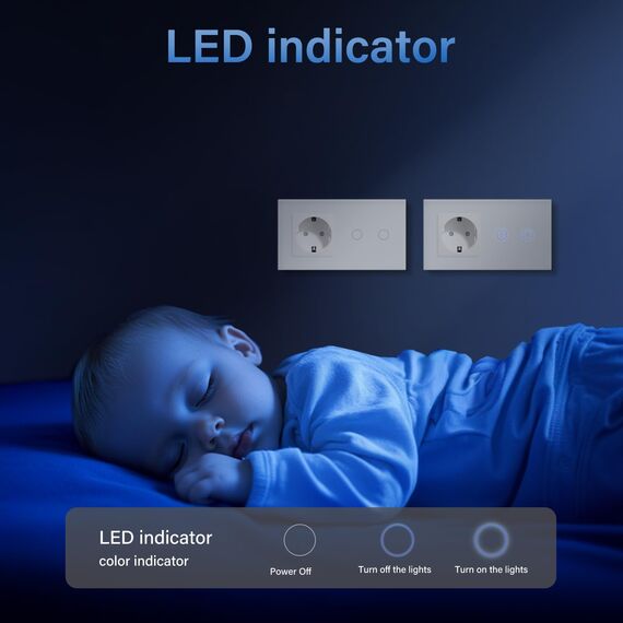 BSEED Steckdose mit Lichtschalter,Glas Touch Lichtschalter Unterputz Schalter,Schuko Steckdose mit 2 Fach 1 Wege Wandschalter Weiß(Nicht Smart Schalter)