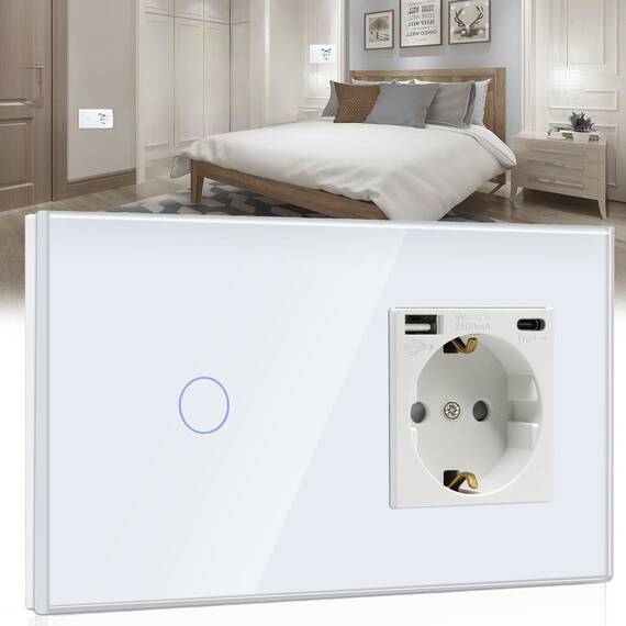 BSEED Touch Lichtschalter mit USB Steckdose Anschluss (Max. 2.1A) Typ C Port 1 Fach 2 Wege Wandschalter mit USB Steckdose Unterputz Lichtschalter mit Glasrahmen Weiß (Nicht Smart Schalter)