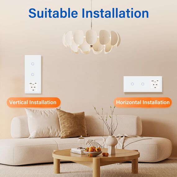 BSEED Touch Lichtschalter mit Schuko Steckdose mit LED Anzeiger doppelte 1 Fach 2 Wege Glas Lichtschalter mit einer USB Steckdose Anschluss (Max. 2.1A) Typ C Portn Weiß 228mm