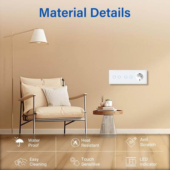 BSEED Touch Lichtschalter mit Steckdosen doppelte 2 Fach 1 Weg Wandschalter mit einer Steckdose Unterputz Touchscreen-schalter mit Glasrahmen 228mm Weiß
