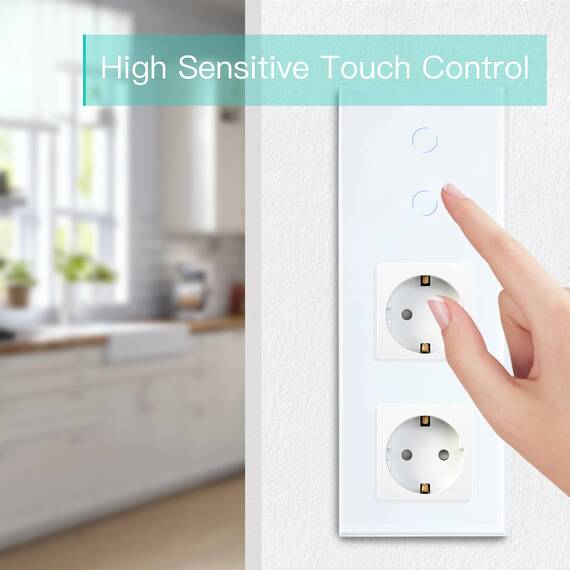 BSEED Touch Lichtschalter mit Steckdosen 2 Fach 1 Weg Wandschalter mit doppelten Steckdosen Unterputz Touchscreen-schalter mit Glasrahmen 228mm Weiß