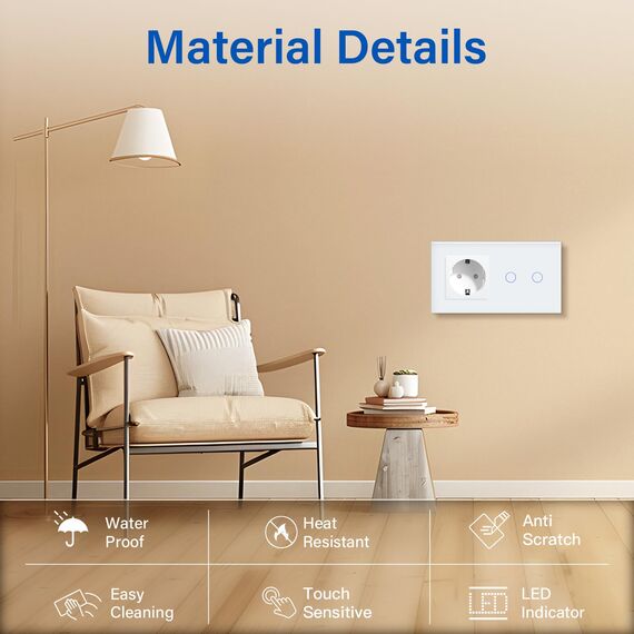 BSEED Steckdose mit Lichtschalter,Glas Touch Lichtschalter Unterputz Schalter,Schuko Steckdose mit 2 Fach 1 Wege Wandschalter Weiß(Nicht Smart Schalter)