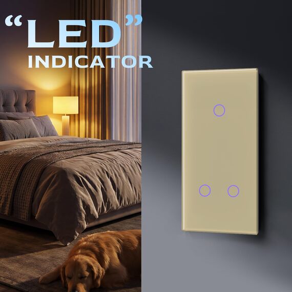 BSEED Touch Lichtschalter 1 Fach 2 Wege mit 2 Fach 1 Weg Glas Lichtschalter Gold Led Touch Schalter Touchscreen Funktioniert mit LED Lampe 157mm EU Standard
