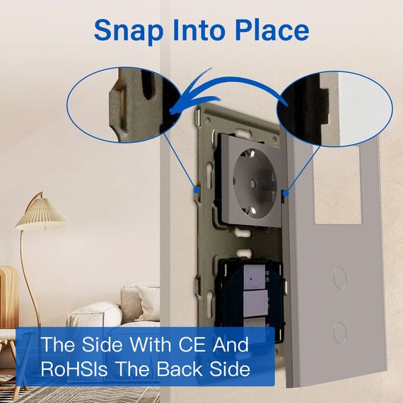 BSEED Steckdose mit Lichtschalter,Glas Touch Lichtschalter Unterputz Schalter,Schuko Steckdose mit 2 Fach 1 Wege Wandschalter Grau(Nicht Smart Schalter)