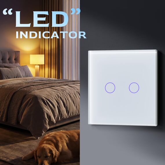 BSEED Touch Lichtschalter 2 Fach 2 Wege Glas Lichtschalter Weiß Led Touch Schalter Touchscreen Funktioniert mit LED Lampe EU Standard(Nicht Smart Schalter)
