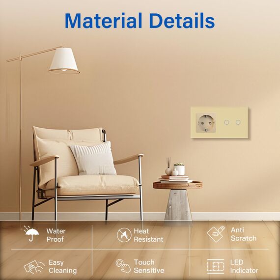 BSEED Steckdose mit Lichtschalter,Glas Touch Lichtschalter Unterputz Schalter,Schuko Steckdose mit 2 Fach 1 Wege Wandschalter Gold(Nicht Smart Schalter)