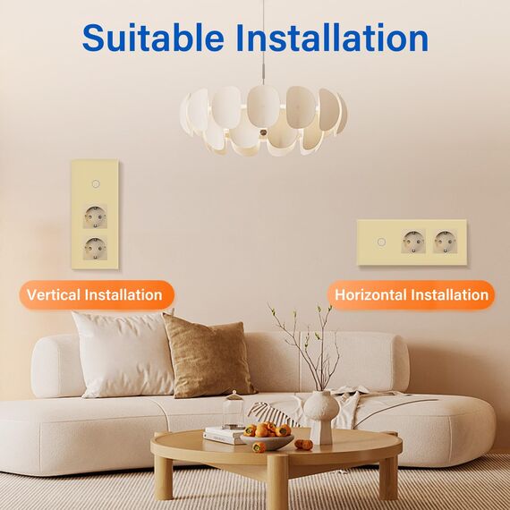 BSEED Touch Lichtschalter mit Schuko Steckdose mit LED Anzeiger 1 Fach 2 Wege Glas Lichtschalter mit Doppelt Wandsteckdosen Golden 228mm