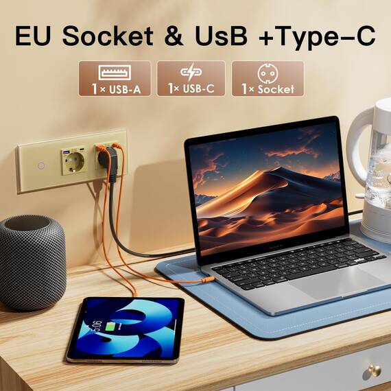 BSEED Touch Lichtschalter mit USB Steckdose Anschluss (Max. 2.1A) Typ C Port 1 Fach 2 Wege Wandschalter mit doppelten Steckdosen Unterputz Touchscreen-schalter mit Glasrahmen 228mm Golden