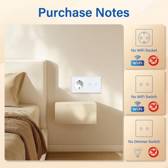BSEED Steckdose mit Lichtschalter,Glas Touch Lichtschalter Unterputz Schalter,Schuko Steckdose mit 2 Fach 1 Wege Wandschalter Weiß(Nicht Smart Schalter)