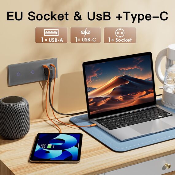 BSEED Touch Lichtschalter mit Schuko Steckdose mit LED Anzeiger doppelte 1 Fach 2 Wege Glas Lichtschalter mit einer USB Steckdose Anschluss (Max. 2.1A) Typ C Portn Grau 228mm