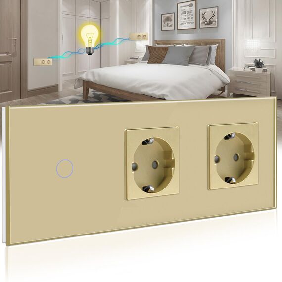 BSEED Touch Lichtschalter mit Schuko Steckdose mit LED Anzeiger 1 Fach 2 Wege Glas Lichtschalter mit Doppelt Wandsteckdosen Golden 228mm