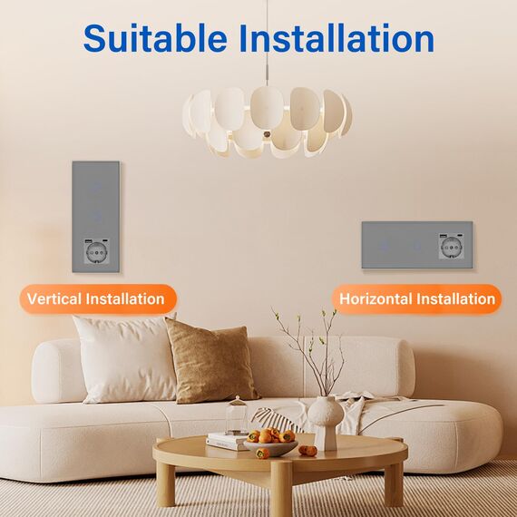 BSEED Touch Lichtschalter mit Schuko Steckdose mit LED Anzeiger doppelte 1 Fach 2 Wege Glas Lichtschalter mit einer USB Steckdose Anschluss (Max. 2.1A) Typ C Portn Grau 228mm