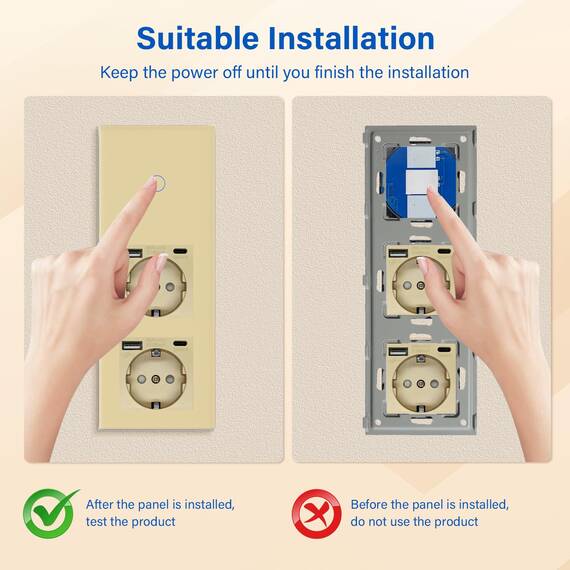 BSEED Touch Lichtschalter mit USB Steckdose Anschluss (Max. 2.1A) Typ C Port 1 Fach 2 Wege Wandschalter mit doppelten Steckdosen Unterputz Touchscreen-schalter mit Glasrahmen 228mm Golden