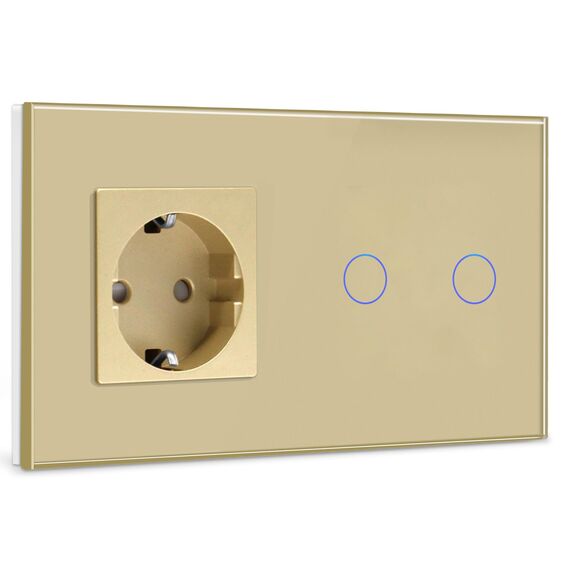 BSEED Steckdose mit Lichtschalter,Glas Touch Lichtschalter Unterputz Schalter,Schuko Steckdose mit 2 Fach 2 Wege Wandschalter Gold(Nicht Smart Schalter)