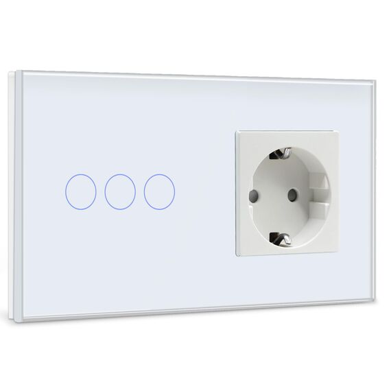 BSEED Touch Lichtschalter mit Steckdose mit LED Anzeige,3 Fach 1 Weg Wandschalter mit Steckdosen,Unterputz Touchscreen-schalter mit Glasrahmen Weiß（Max. Last: 3-500 W)(Nicht Smart Schalter)