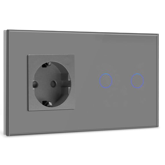 BSEED Steckdose mit Lichtschalter,Glas Touch Lichtschalter Unterputz Schalter,Schuko Steckdose mit 2 Fach 2 Wege Wandschalter Grau(Nicht Smart Schalter)