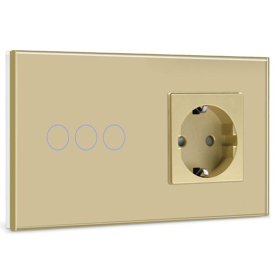 BSEED Touch Lichtschalter mit Steckdose 3 Fach 1 Weg Wandschalter mit LED Anzeige Unterputz Touchscreen-schalter mit Glasrahmen 157mm Gold 500W(Nicht Smart Schalter)