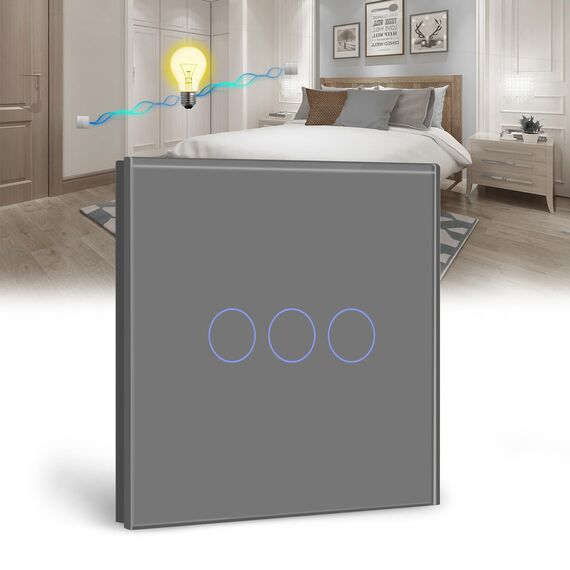 BSEED Touch Lichtschalter 3 Fach 2 Wege Glas Lichtschalter Grau Led Touch Schalter Touchscreen Funktioniert mit LED Lampe EU Standard(Nicht Smart Schalter)