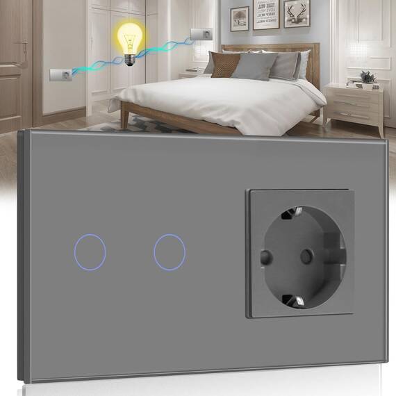 BSEED Touch Lichtschalter mit Steckdose mit LED Anzeige 2 Fach 2 Weg Berühren Sie Das Sensorfeld Touchscreen Wandsteckdosen LED Lamps Grau(Nicht Smart Schalter)