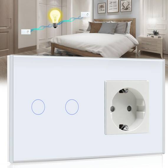 BSEED Touch Lichtschalter mit Steckdose mit LED Anzeige 2 Fach 2 Weg Berühren Sie Das Sensorfeld Touchscreen Wandsteckdosen LED Lamps Weiß(Nicht Smart Schalter)