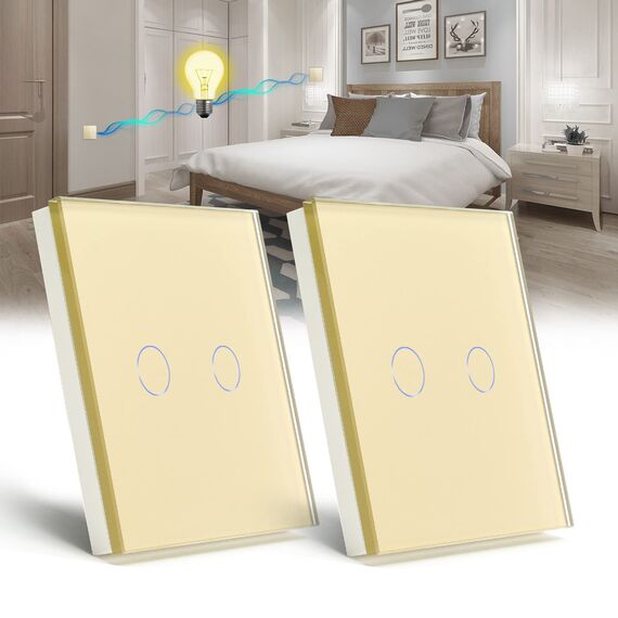 BSEED Lichtschalter 2 Fach 2 Weg Wandschalter gehärtetes Glas Touchscreen-schalter 86mm Unterputzschalter Golden - 2 pack(Nicht Smart Schalter)