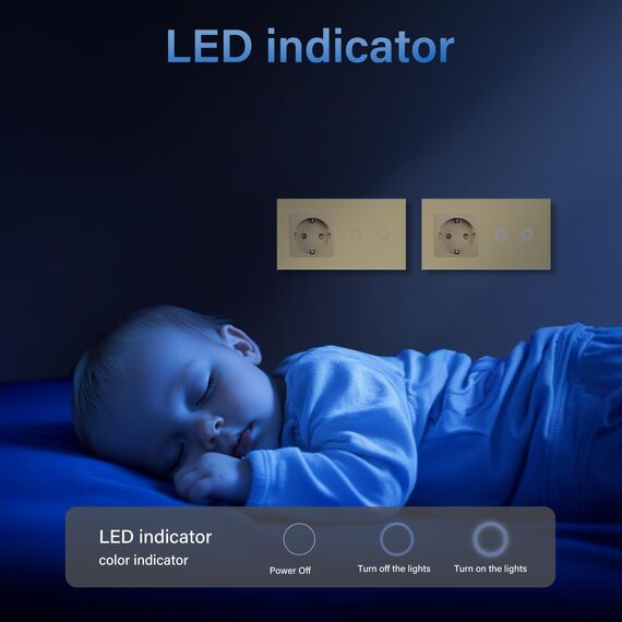 BSEED Steckdose mit Lichtschalter,Glas Touch Lichtschalter Unterputz Schalter,Schuko Steckdose mit 2 Fach 2 Wege Wandschalter Gold(Nicht Smart Schalter)