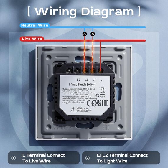 BSEED Lichtschalter, 2 Gänge, 1-Weg, Touch-Schalter, Weiß mit LED-Anzeige, Lichtschalter mit Platte aus gehärtetem Glas, ohne Neutralkabel, 2 Packungen (maximale Belastung: 500 W)