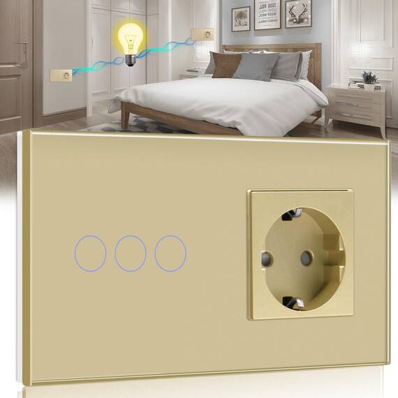 BSEED Touch Lichtschalter mit Steckdose mit LED Anzeige 3 Fach 2 Weg Berühren Sie Das Sensorfeld Touchscreen Wandsteckdosen LED Lamps Gold(Nicht Smart Schalter)