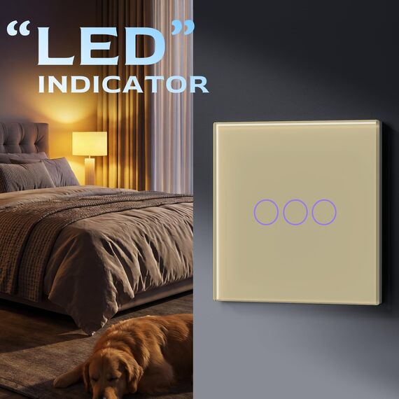 BSEED Lichtschalter 3 Fach 2 Weg Wandschalter gehärtetes Glas Touchscreen-schalter 86mm Unterputzschalter Gold - 2 pack(Nicht Smart Schalter)
