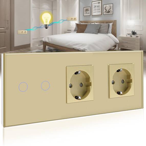 BSEED Touch Lichtschalter mit Schuko Steckdose mit LED Anzeiger 2 Fach 2 Wege Glas Lichtschalter mit Doppelt Wandsteckdosen Golden 228mm