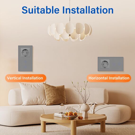 BSEED Steckdose mit Lichtschalter,Glas Touch Lichtschalter Unterputz Schalter,Schuko Steckdose mit 2 Fach 2 Wege Wandschalter Grau(Nicht Smart Schalter)