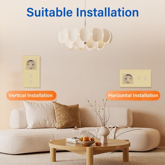 BSEED Steckdose mit Lichtschalter,Glas Touch Lichtschalter Unterputz Schalter,Schuko Steckdose mit 2 Fach 2 Wege Wandschalter Gold(Nicht Smart Schalter)